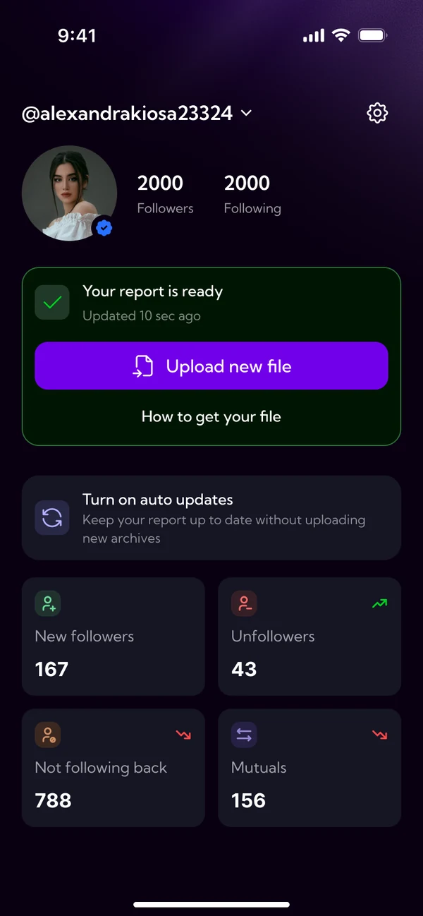 WhoLeft? report screen: new followers, unfollowers, not following back and mutuals